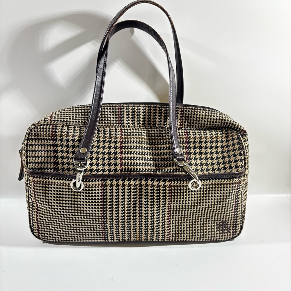 LAUREN RALPH LAUREN Brown & Black Houndstooth Canvas Shoulder Purse Plaid